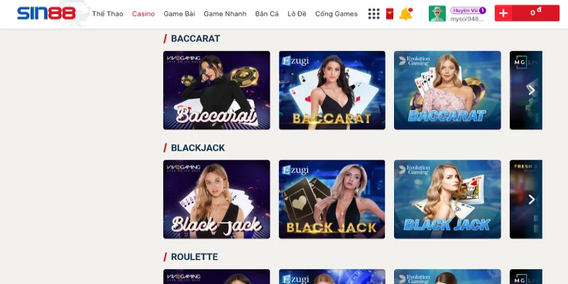 Người chơi có thể tùy ý lựa chọn các game tại casino của Sin88