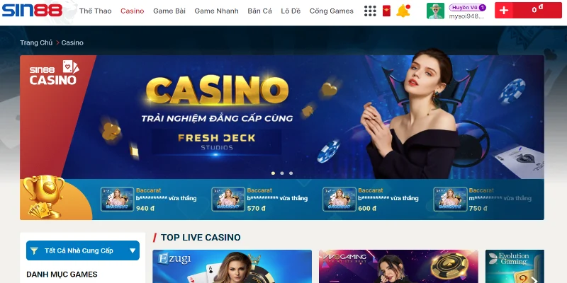 Bạn hãy đăng nhập nick và bấm vào Casino Sin88 để tham gia