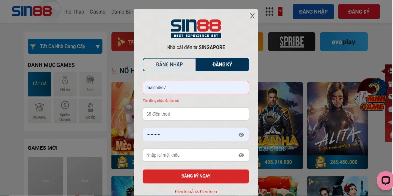 Người chơi phải đăng ký tài khoản khi chơi tại Sin88
