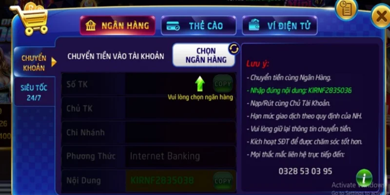 Game bài đổi thưởng qua ngân hàng có hệ thống giao dịch tiện lợi