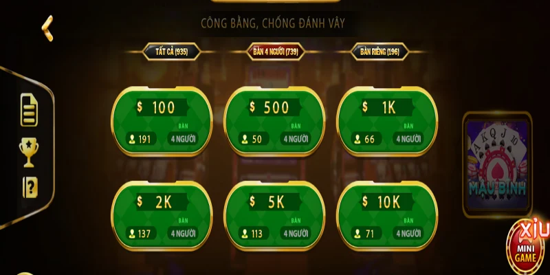 Game chơi bài 4 người cho thành viên lựa chọn bàn