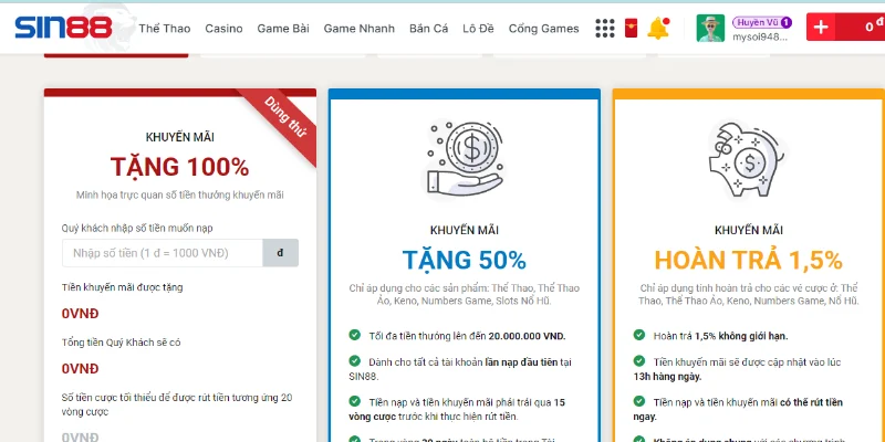 Khuyến Mãi Sin88 tặng 100% giá trị nạp lần đầu cho bet thủ